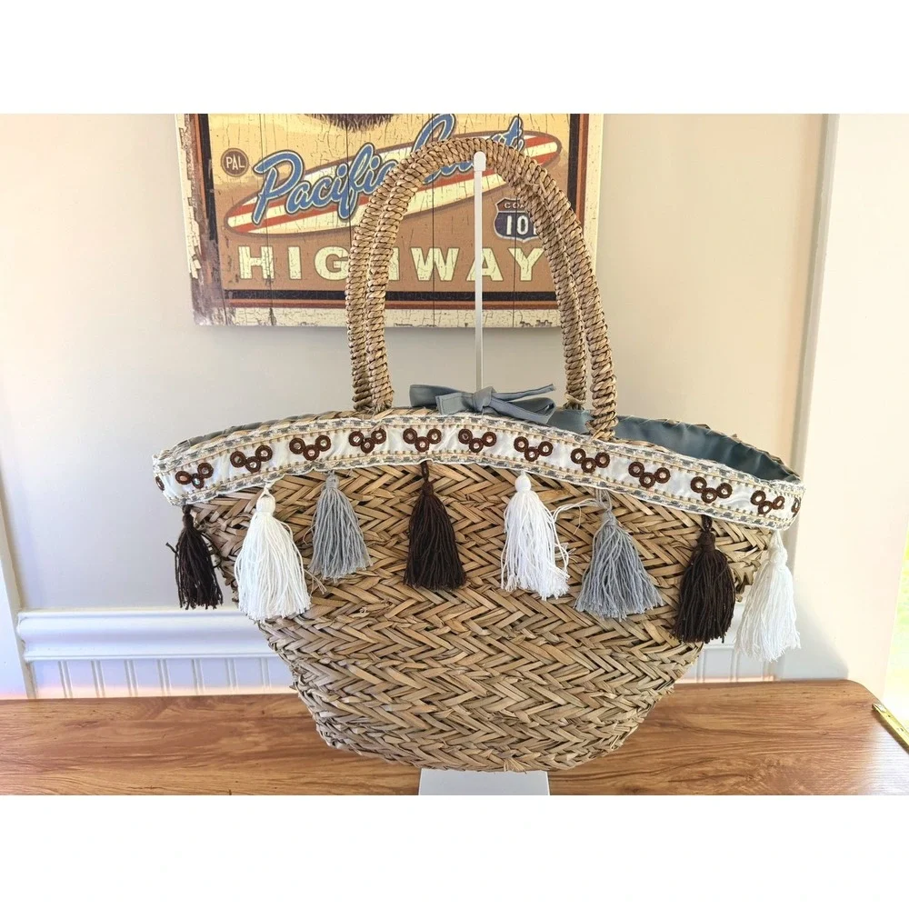 KikaHome Sicilian Straw Tote Bag Tassel Mirror Trim Large Natural Brown Gray